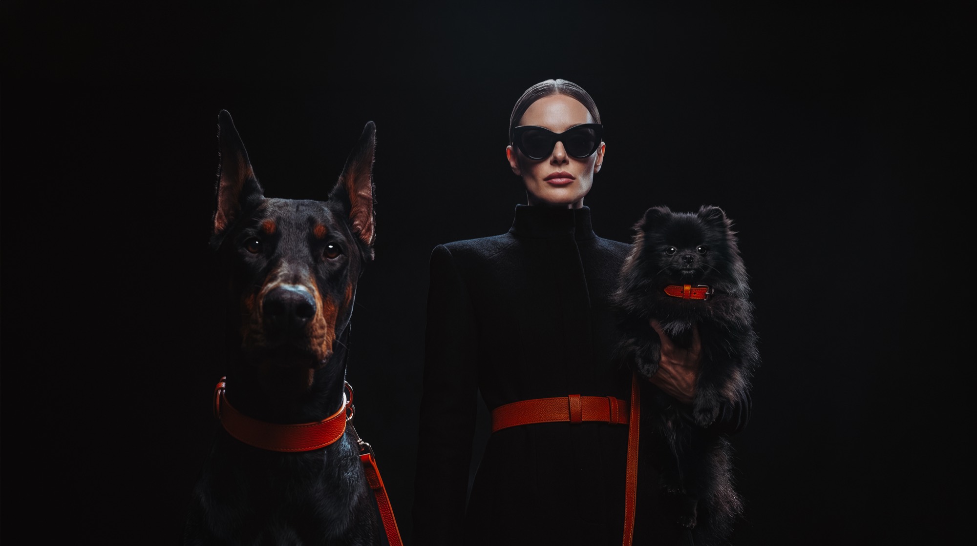 Woman in black with a Doberman beside her and a Pomeranian in her arms