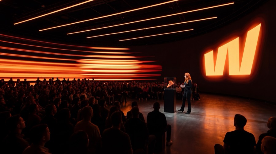 Stage with an audience and the Workflow W in orange light